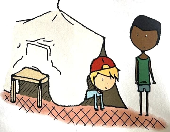 Two kids stand next to a blanket fort held up by chairs.