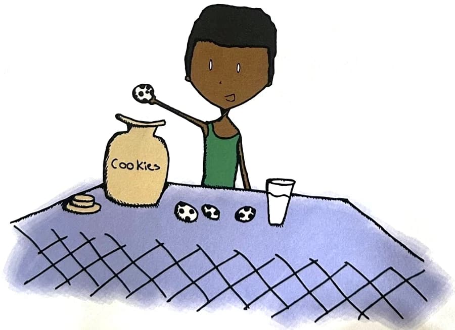 A boy takes a cookie from a cookie jar next to a glass of milk.