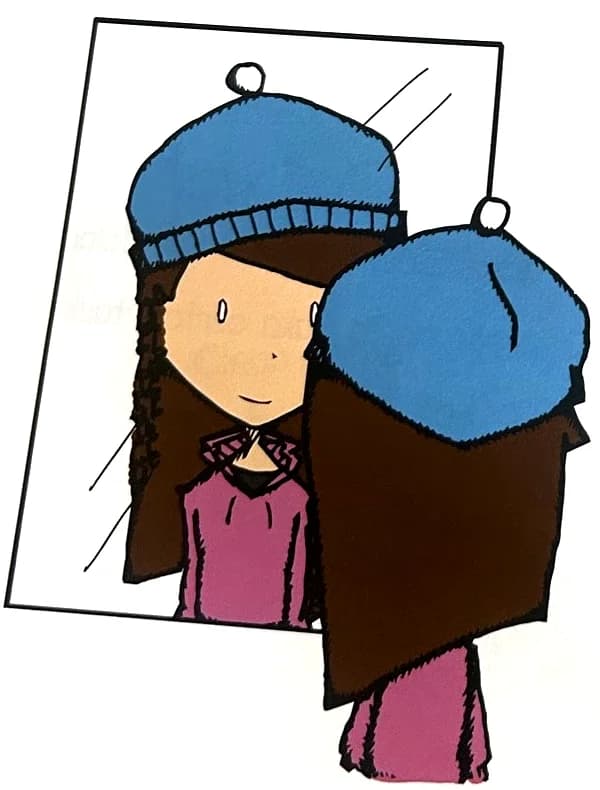 A girl in a blue hat looks into a mirror at her reflection.
