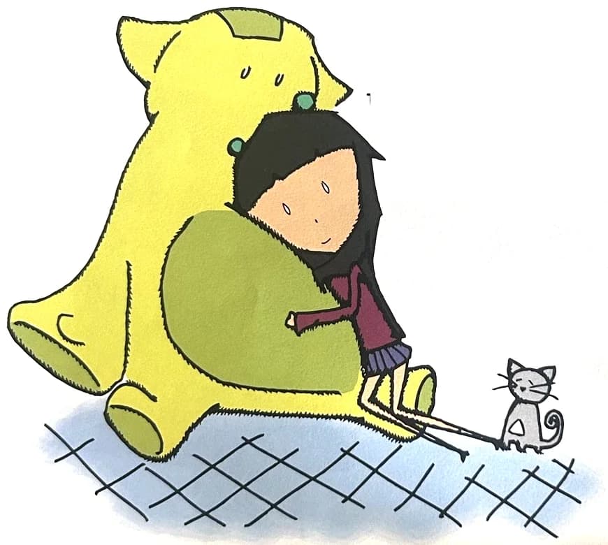 A girl hugs a giant yellow teddy bear while a kitten sits nearby.