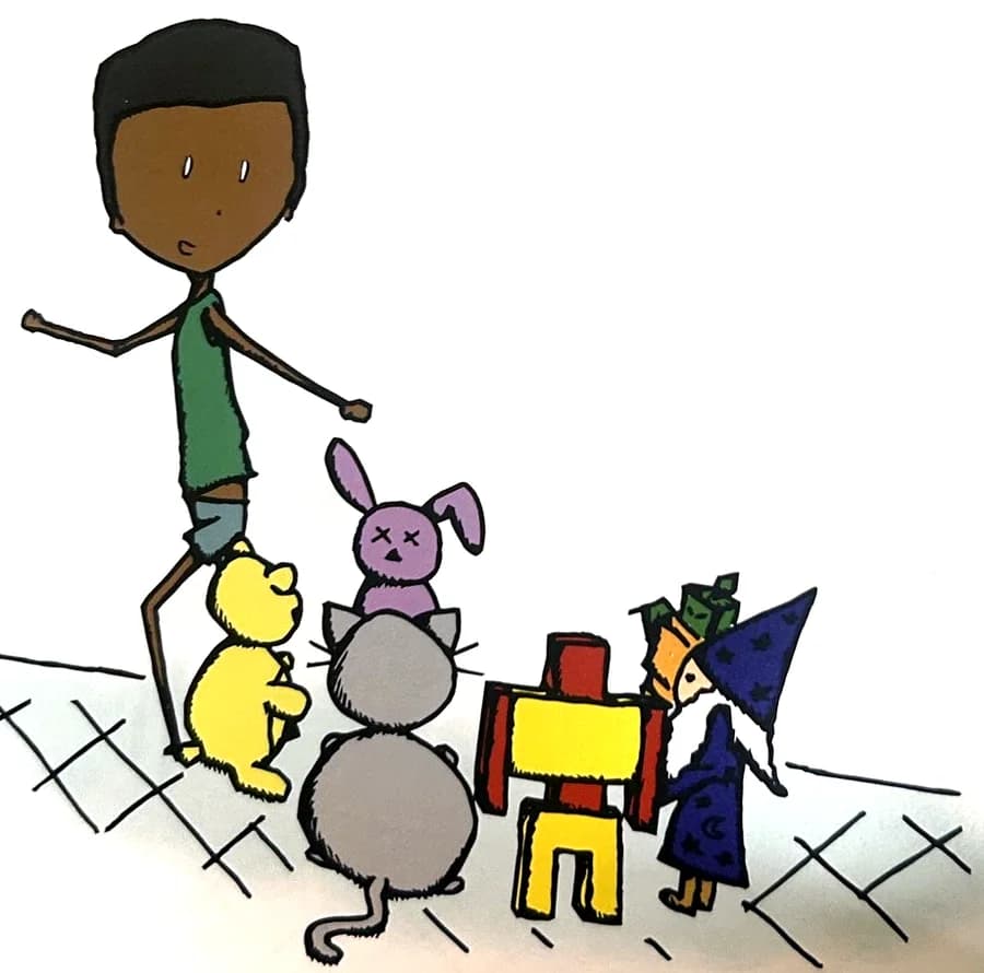 A boy walks around a circle of stuffed animals and toys playing duck, duck, goose.