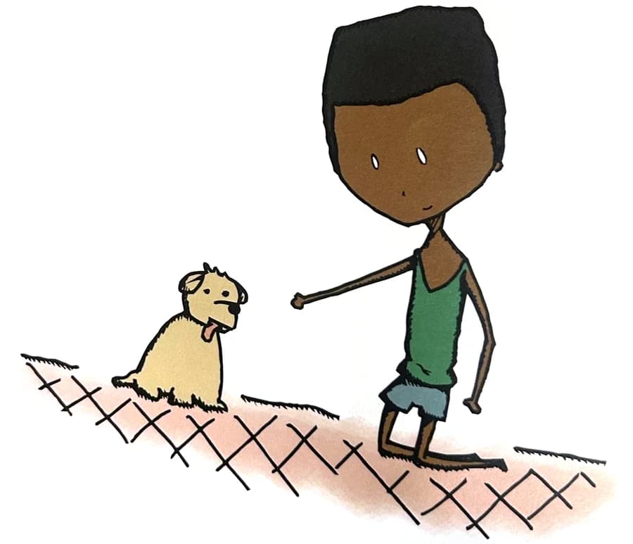 A boy points at a small fluffy dog.