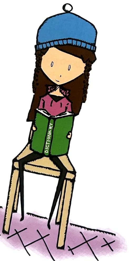A girl sits on a chair reading a big green dictionary.