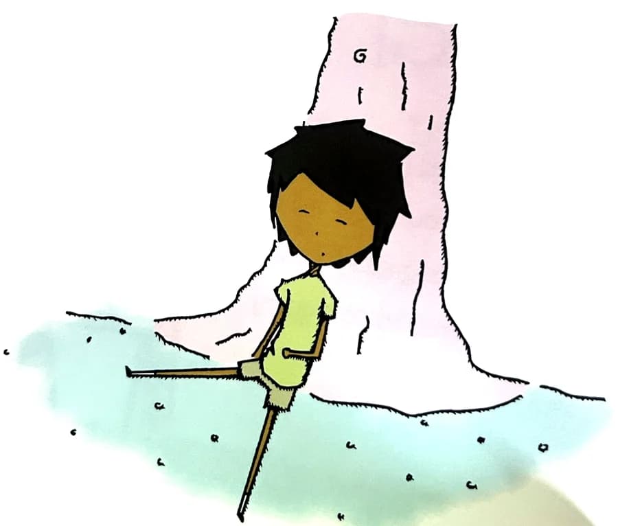 A boy naps against the trunk of a big pink tree.