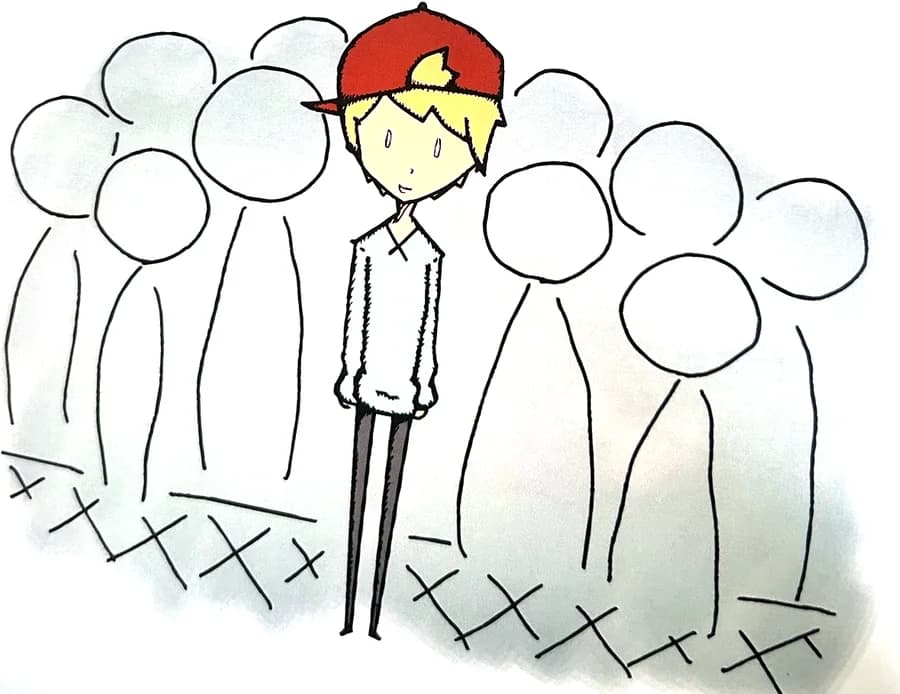 A boy in a red cap stands out in color in a crowd of gray outlines.