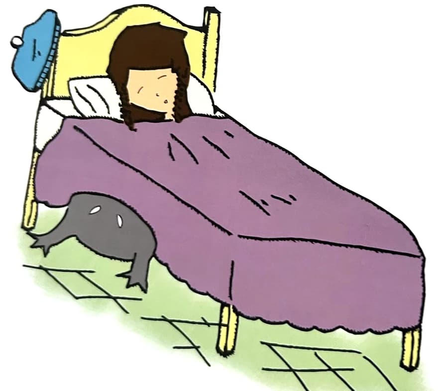 A girl peeks out from under her blanket while something lurks under the bed.