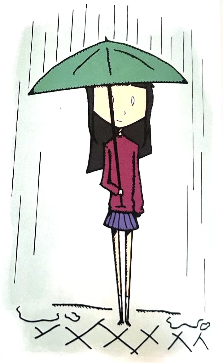 A girl stands under a green umbrella in the rain.