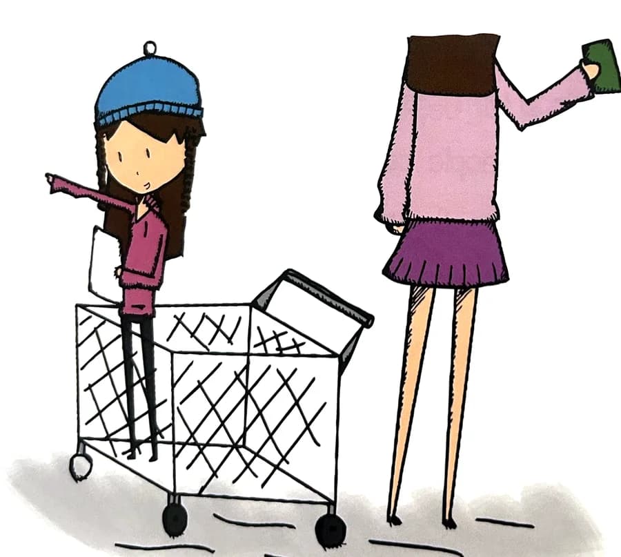 A girl rides in a shopping cart while her mom holds up a shopping list.