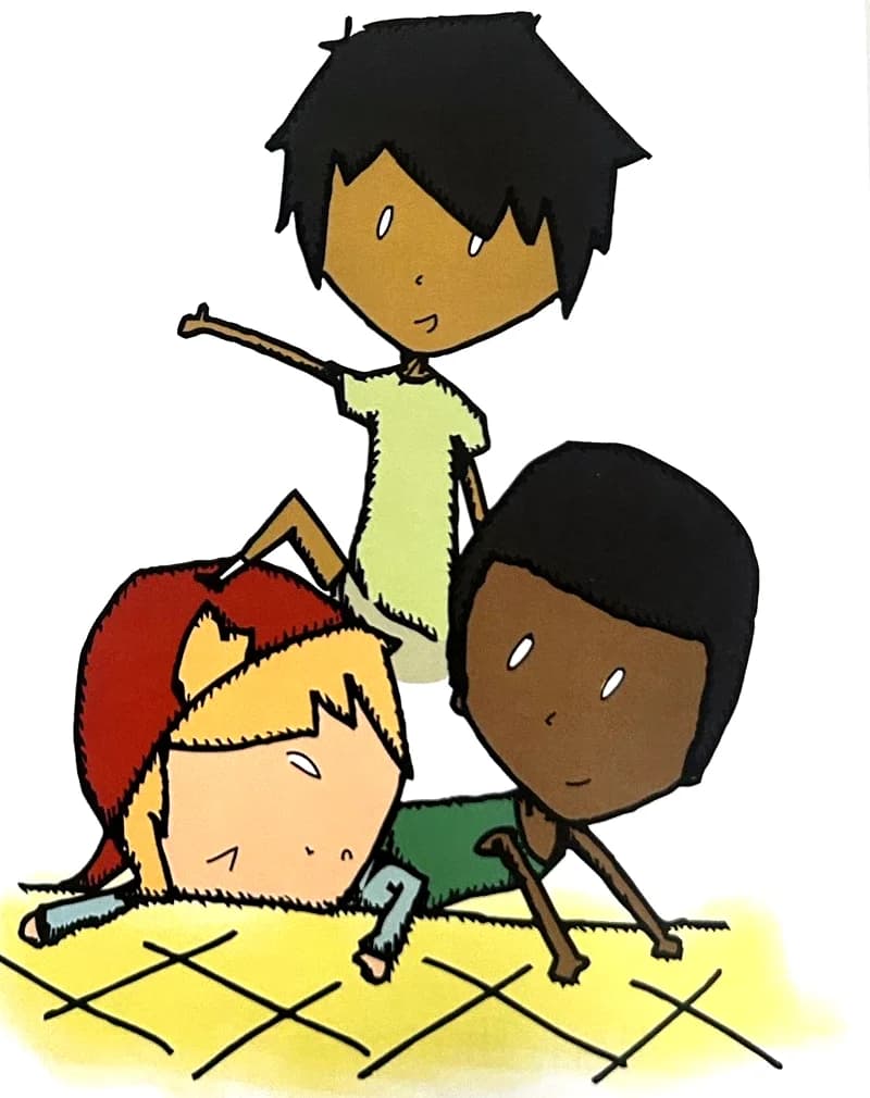 Three kids in a dog pile, with one climbing on top.